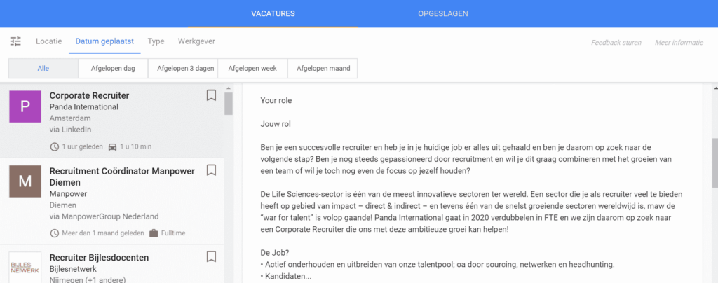 Resultaat zoekopdracht Google for Jobs