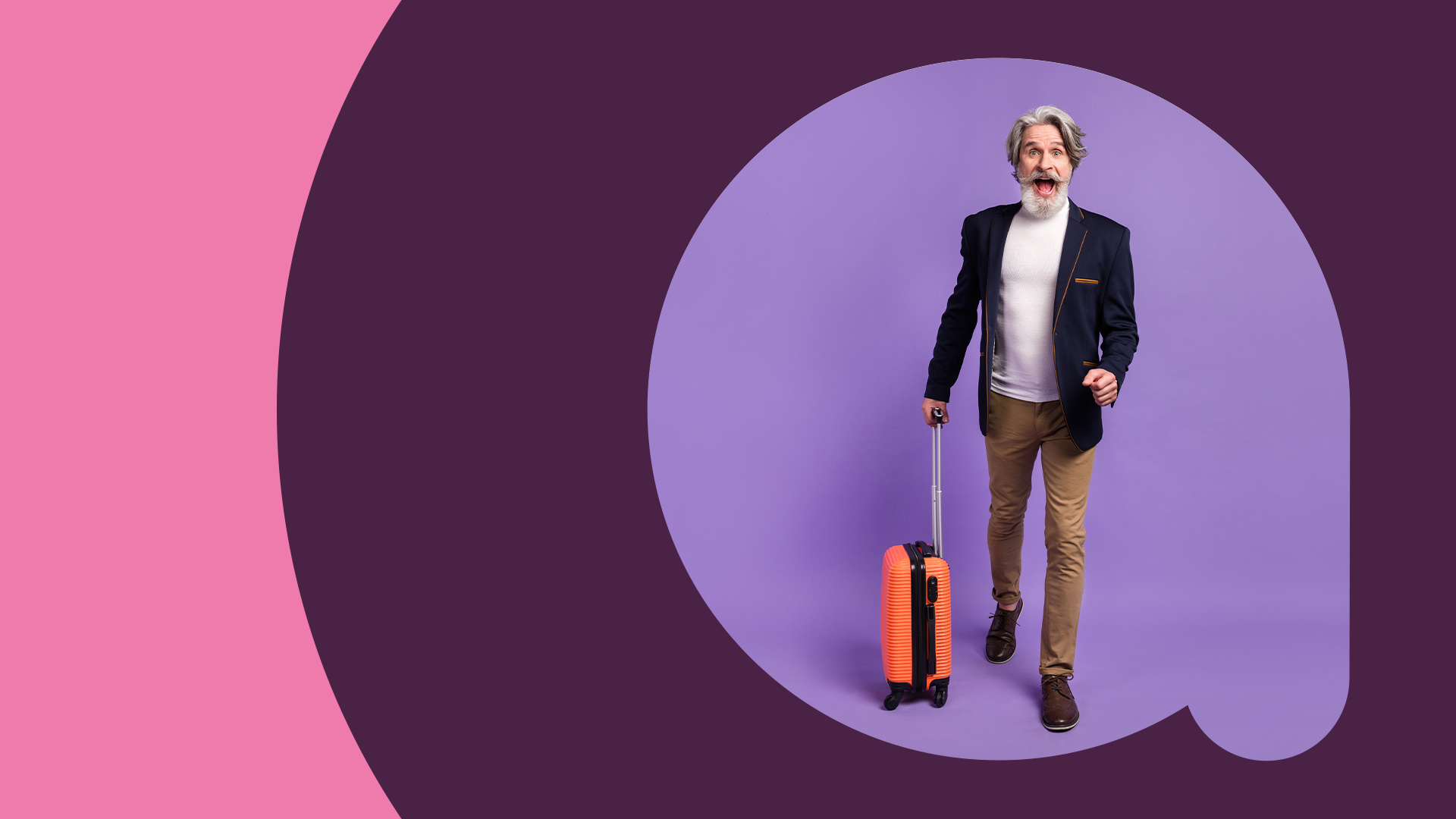 Man met koffer op paarse achtergrond